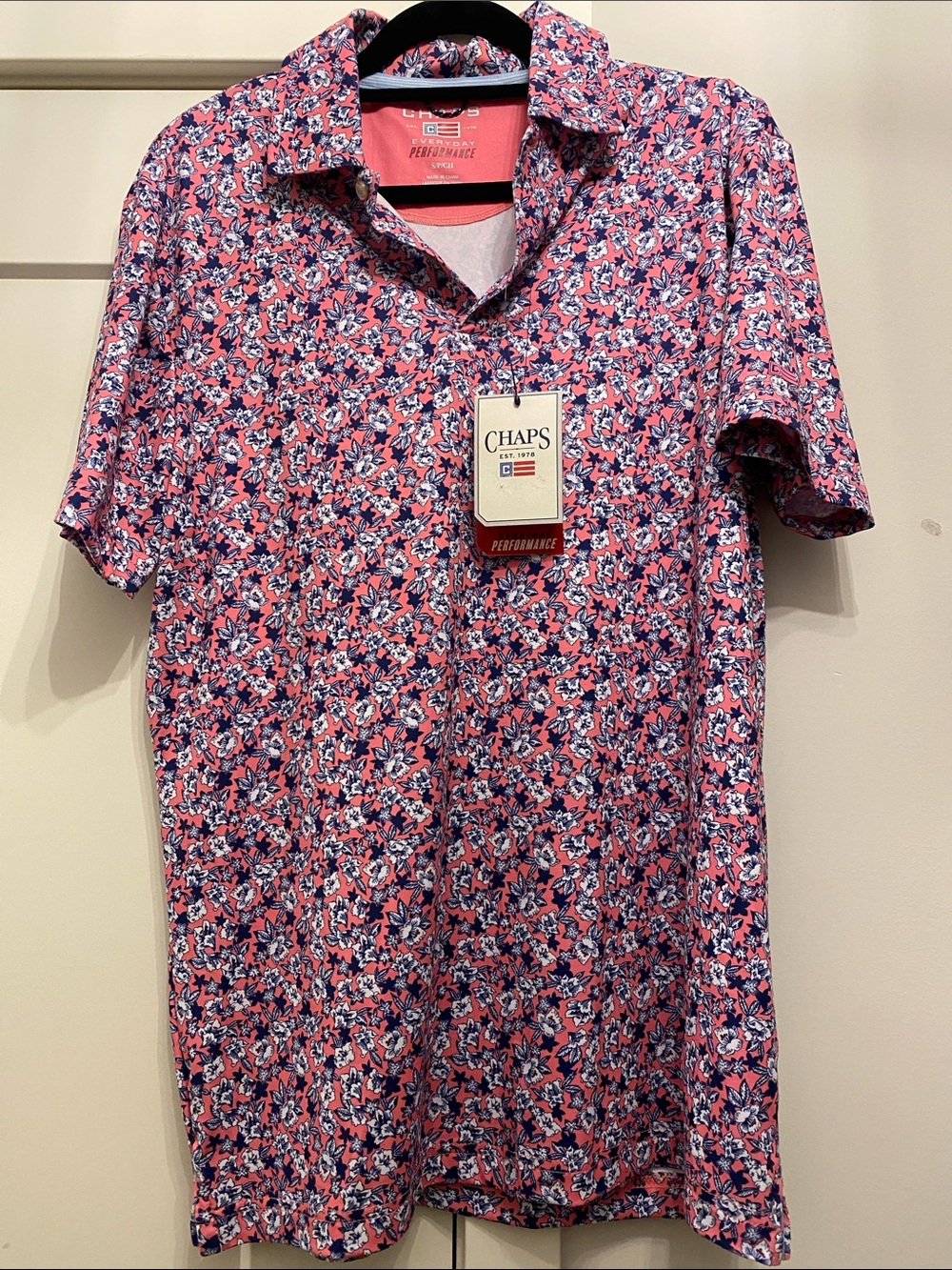 Chaps Men's Pink Floral Performance Polo with Navy Accents